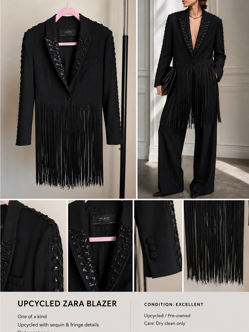 One-of-a-Kind Upcycled Zara Blazer with Knee-Length Fringe & Sequin Details